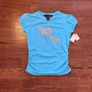 Y2K DEADSTOCK Aqua Blue Pink Sequin Embroidered Cinched Graphic Baby Tee XS